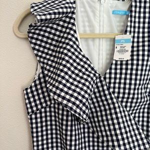J McLaughlin navy and white gingham dress with v neck and ruffle NWT